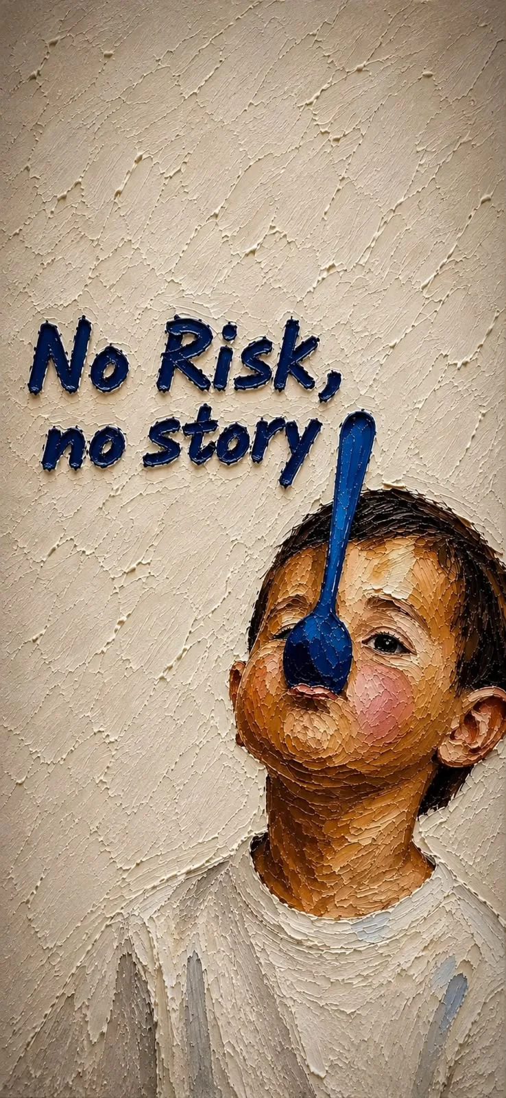Pintura a óleo com a frase No Risk, no story escrita em azul sobre uma parede de gesso texturizada.
