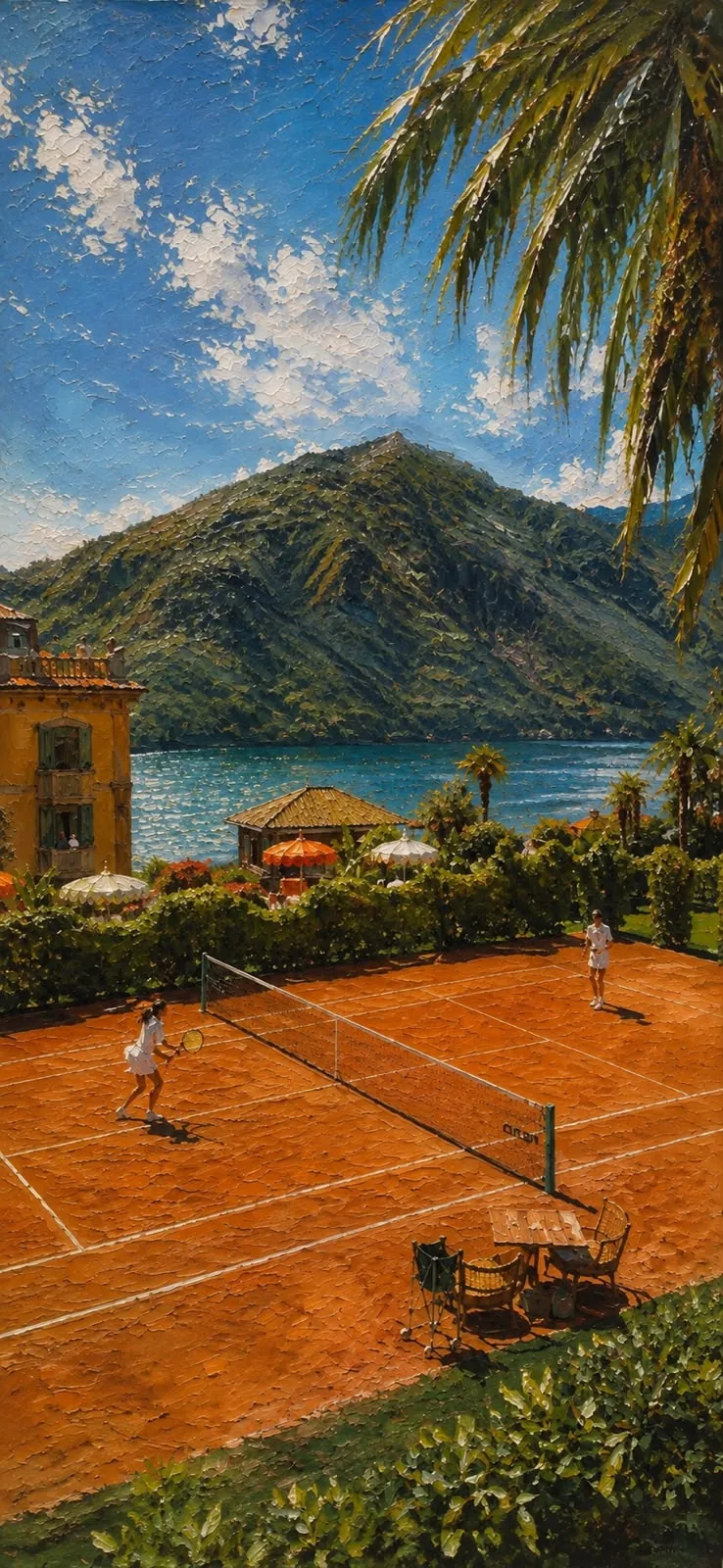 Pintura a óleo de uma quadra de saibro à beira de um lago alpino, com dois jogadores de branco, guarda-sóis laranja e montanha verde ao fundo.