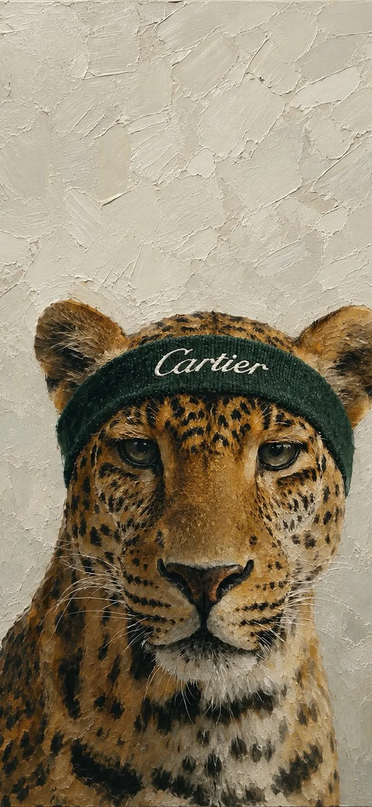 Pintura a óleo do retrato frontal de um leopardo usando uma faixa de tricô verde-escuro, olhando diretamente para quem observa.