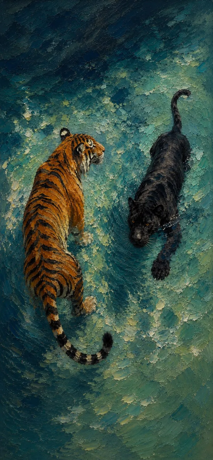 Pintura a óleo de um tigre e uma pantera negra caminhando lado a lado em água rasa turquesa, vistos de cima.