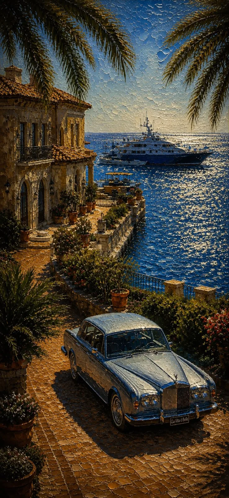 Pintura a óleo de uma villa mediterrânea em pedra clara sobre o mar, com um sedã clássico prateado no calçamento e um iate ancorado ao fundo.