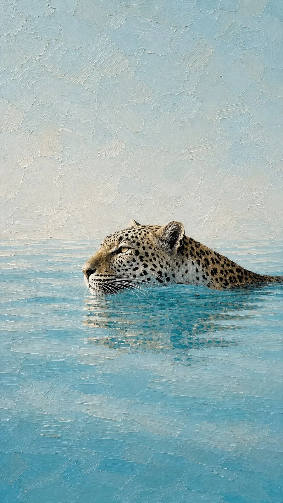 Pintura a óleo da cabeça de um leopardo atravessando água azul-clara e parada, sob um céu pálido que ocupa metade da tela.