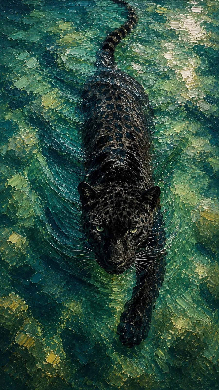 Pintura a óleo de uma pantera negra nadando vista de cima em água verde-esmeralda salpicada de luz.