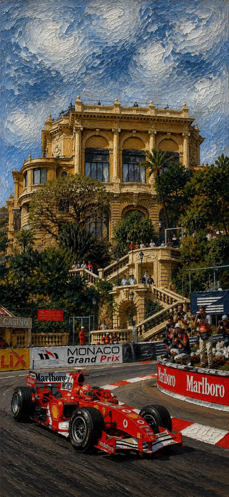 Pintura a óleo de um monoposto vermelho contornando uma curva de rua diante de um palacete belle époque, com fotógrafos debruçados sobre o guard-rail.
