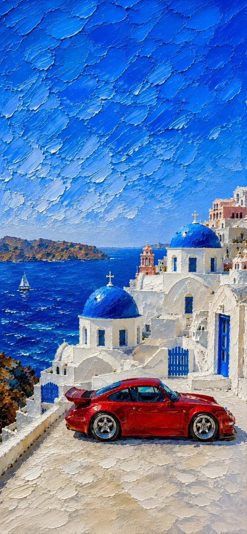 Pintura a óleo de um esportivo vermelho parado num terraço de cal branca em Santorini, entre cúpulas azuis e o mar Egeu.