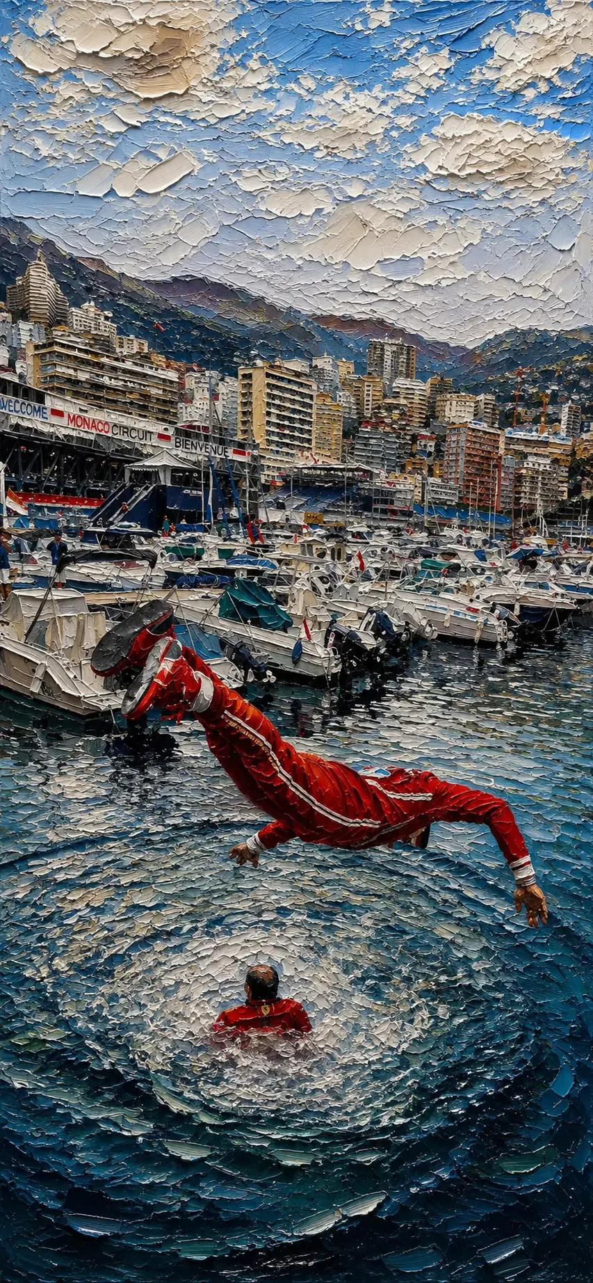 Pintura a óleo de um piloto de macacão vermelho mergulhando na água do porto de Monaco, com iates ancorados e a cidade em anfiteatro ao fundo.